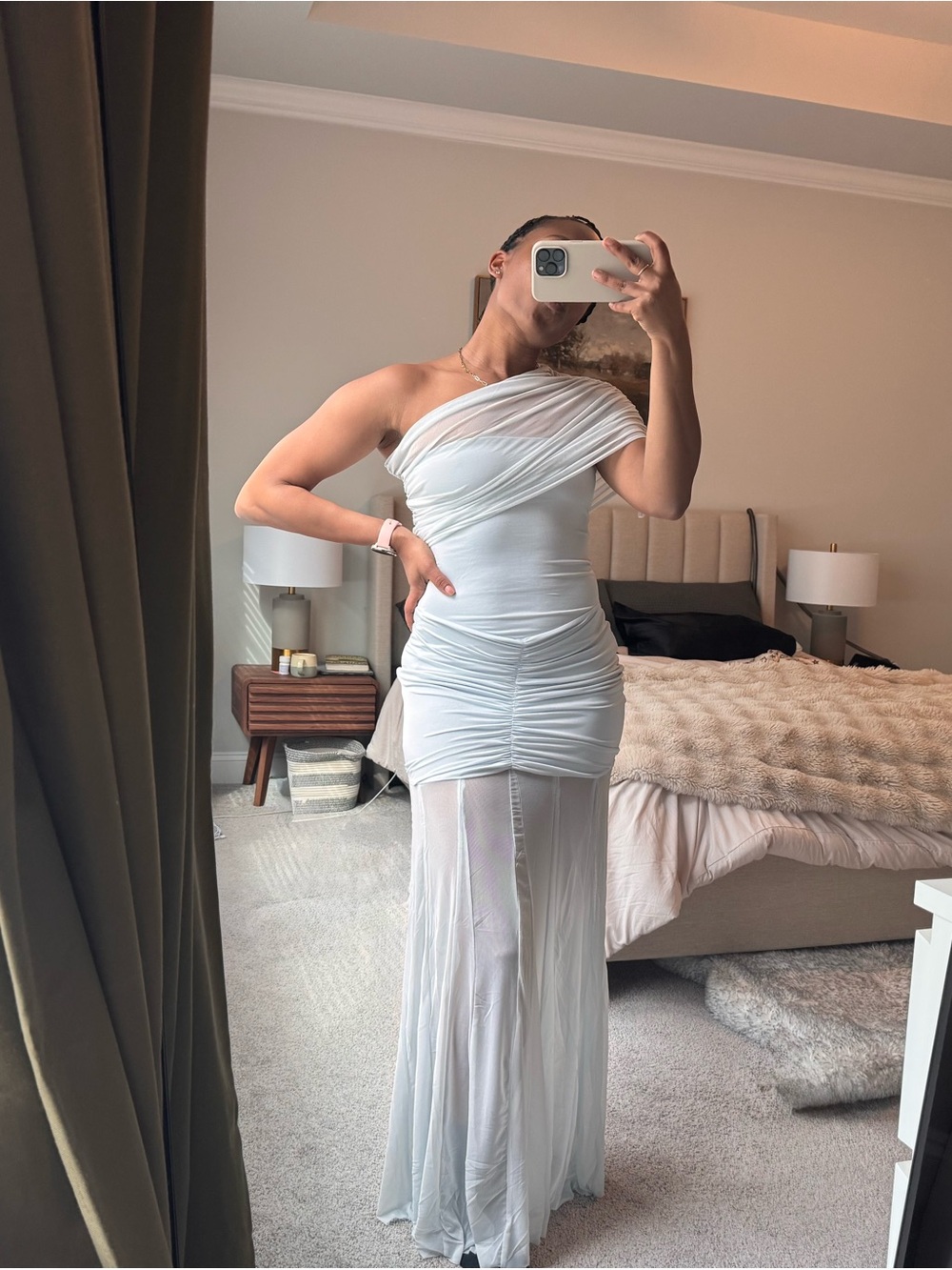 Meshki Off-Shoulder Pale Blue Ruched Mesh Gown - Picture 6 of 6